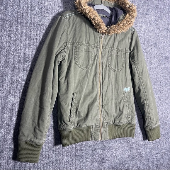 Fox Women’s Junior Large Green Military Style Faux Fur Hooded Jacket 90s Y2K - Picture 6 of 14
